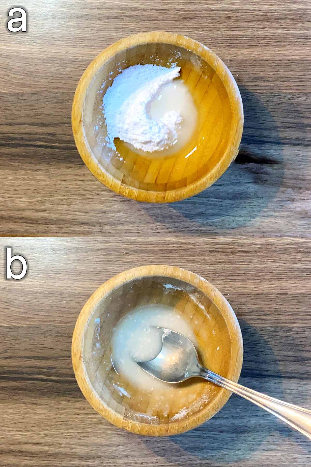 Two shot collage of icing sugar and water in a bowl, before and after mixing.