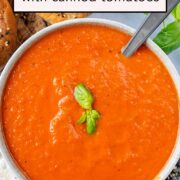 Easy tomato soup with a text title overlay.