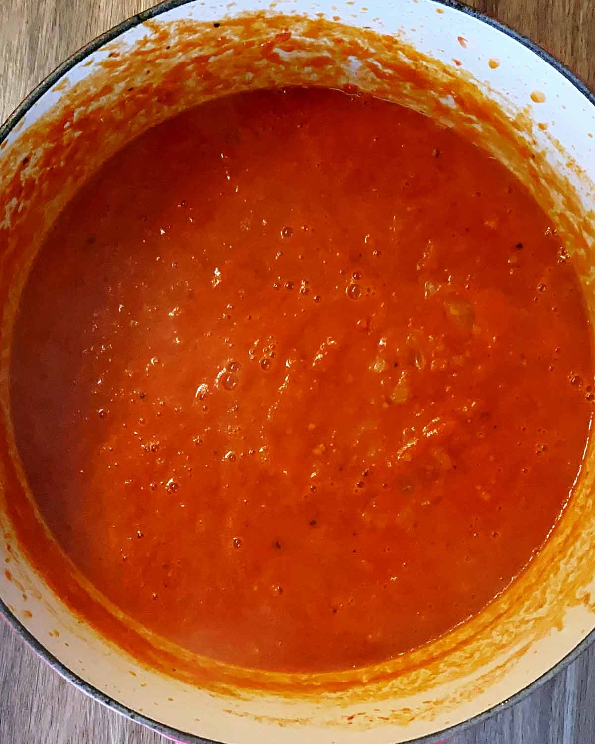 Blended tomato soup in the pan.