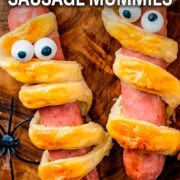 Halloween sausage mummies with a text title overlay.