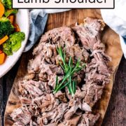 Slow cooker lamb shoulder with a text overlay title.