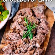Slow cooker lamb shoulder with a text overlay title.