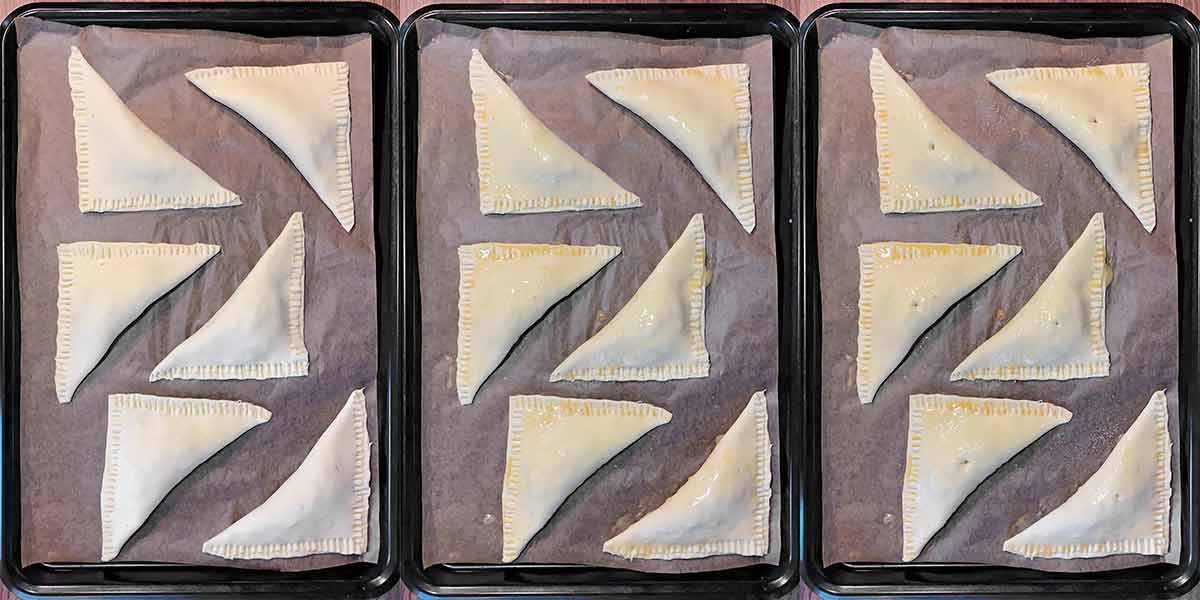 Three shot collage of uncooked turnovers on a baking tray, then washed with egg then with a hole cut in the tops.