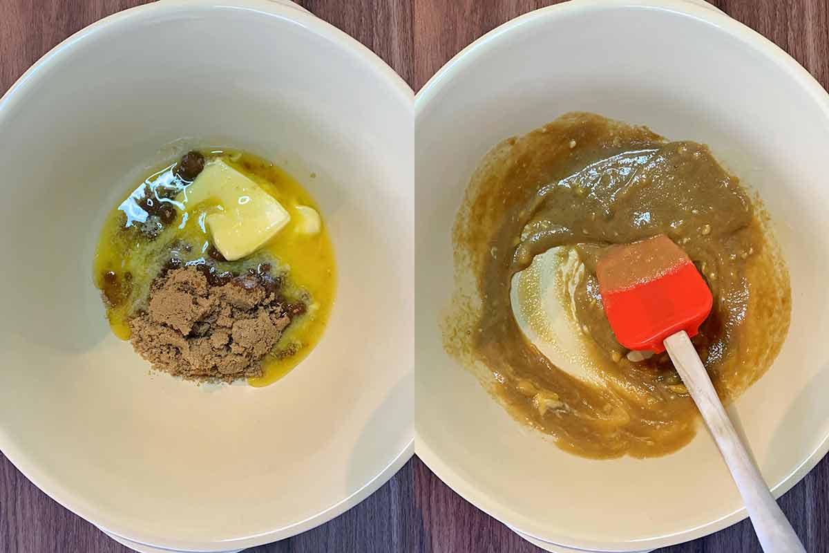 Two shot collage of brown sugar and butter in a mixing bowl, before and after mixing.