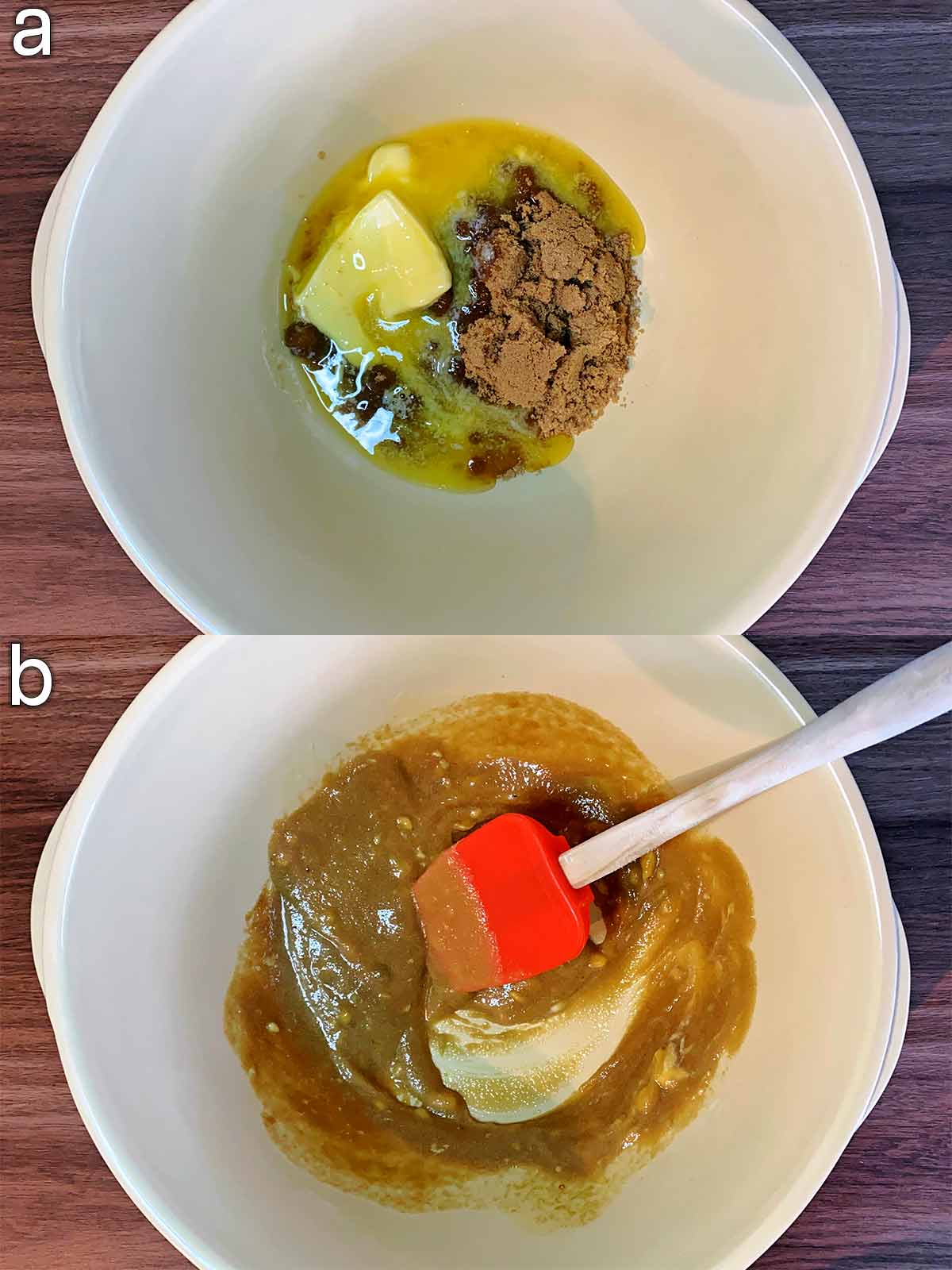 Two shot collage of brown sugar and butter in a mixing bowl, before and after mixing.