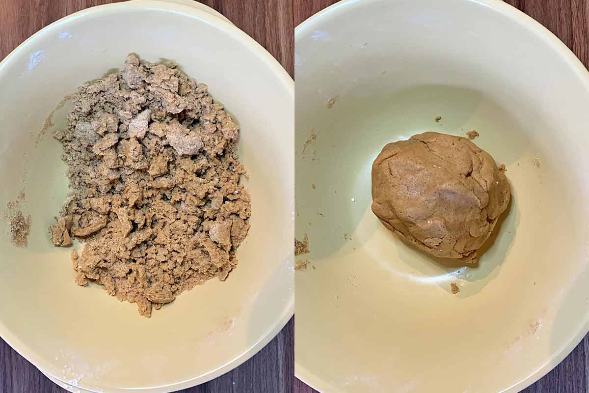 Two shot collage of dough forming in a bowl then as a large ball.