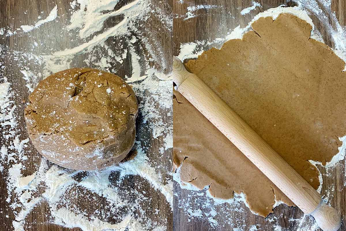 Two shot collage of the dough ball on a floured surface then rolled out flat.