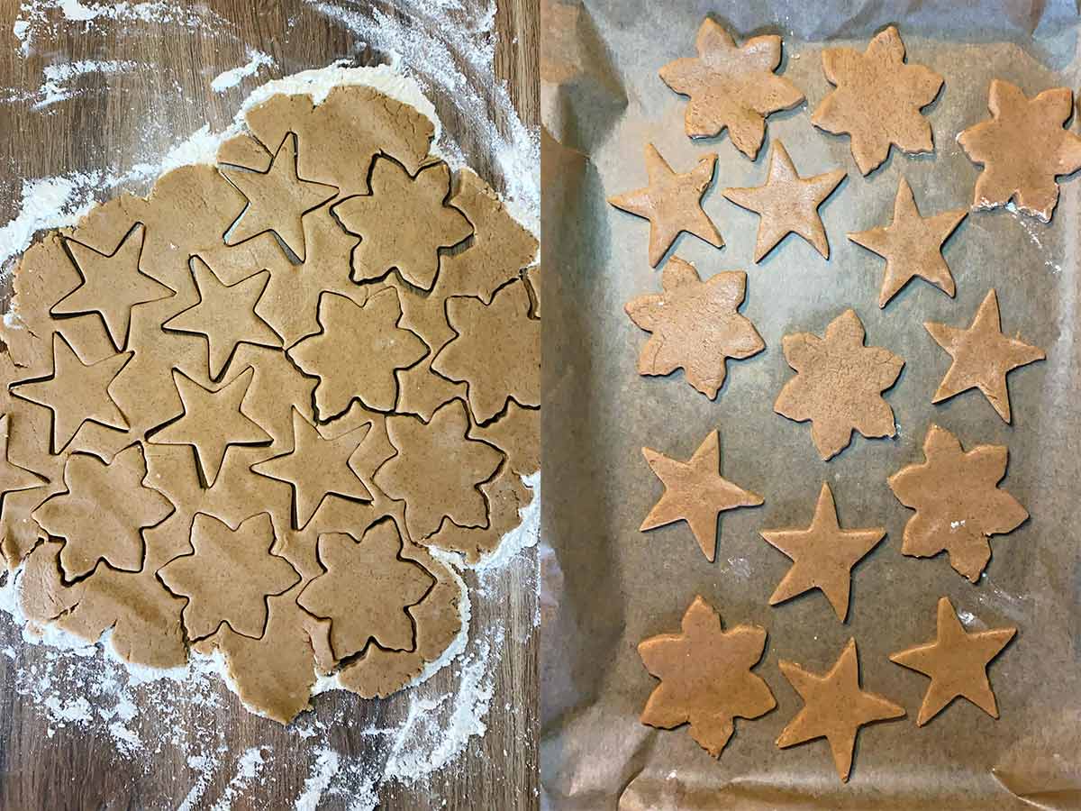 Two shot collage of star shapes cut into the dough then the shapes on a baking tray.