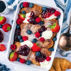 Croissant French Toast Bake in a baking dish.