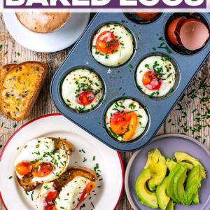 Easy baked oven eggs with a text title overlay.