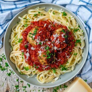 Easy Turkey Meatballs in sauce on some spaghetti.