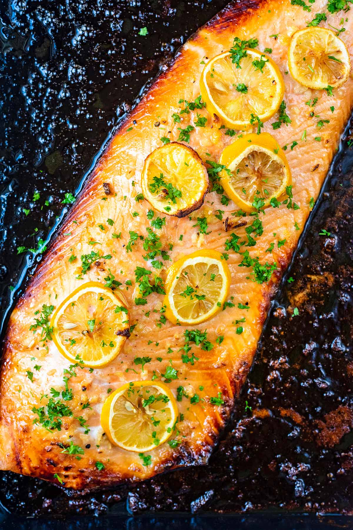 A cooked whole side of salmon topped with lemon slices.