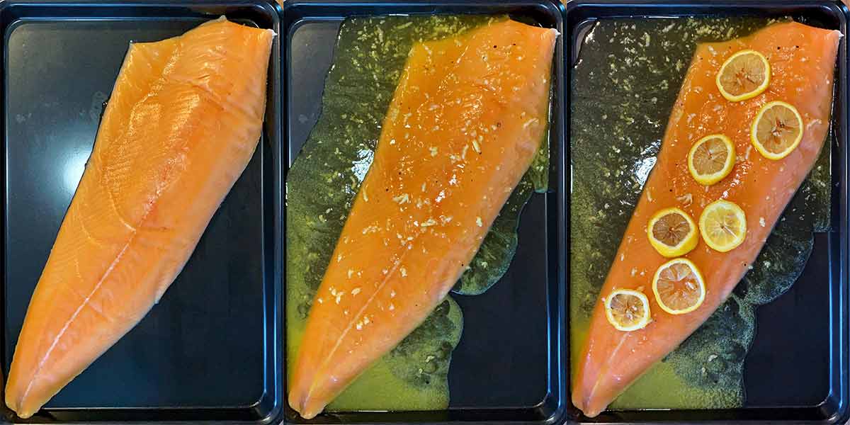 Three shot collage of a side of salmon on a baking tray covered in a marinade.