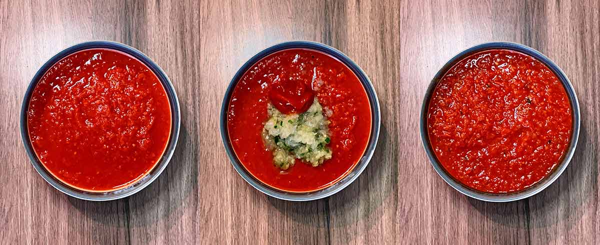 Three shot collage of chopped tomatoes in a bowl, then with the paste and ketchup added then mixed together.
