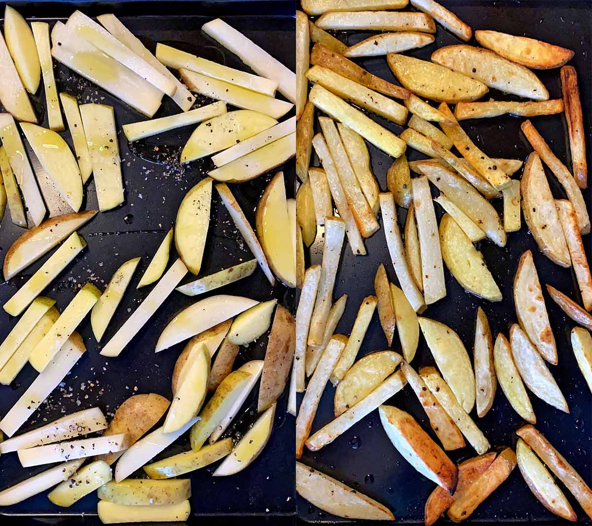 Two shot collage of potato chips on a baking tray, before and after cooking.