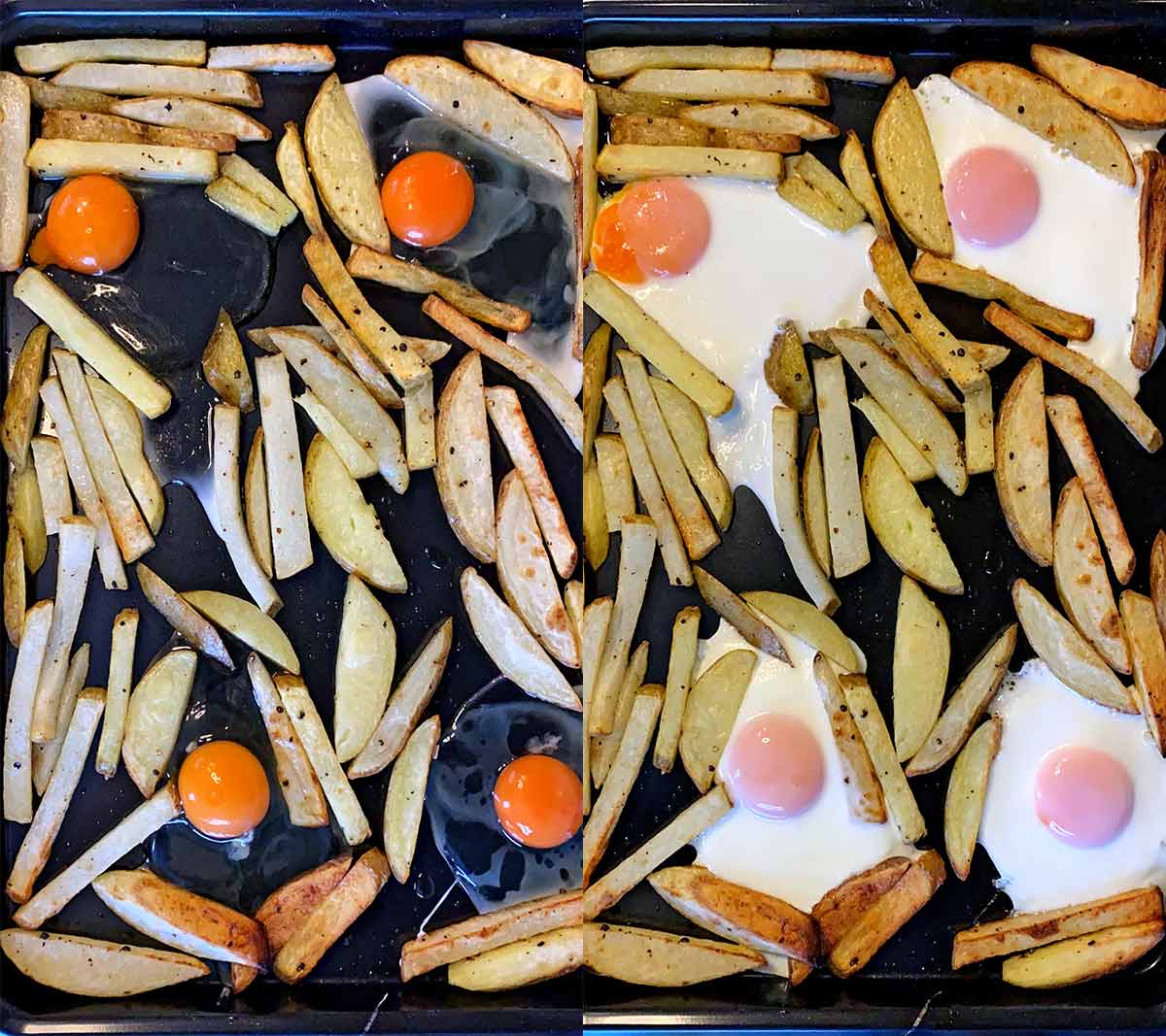 Four eggs added to the baking tray, shown before and after cooking.
