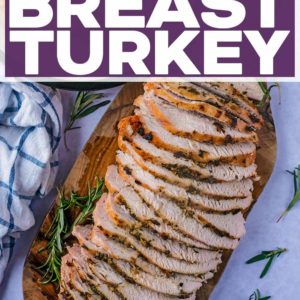 Roast turkey breast with a text title overlay.