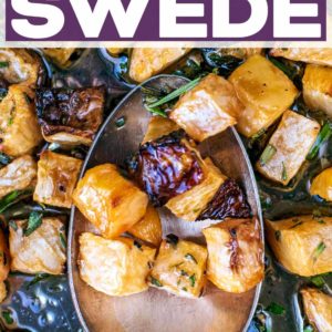 Roasted swede with a text title overlay.