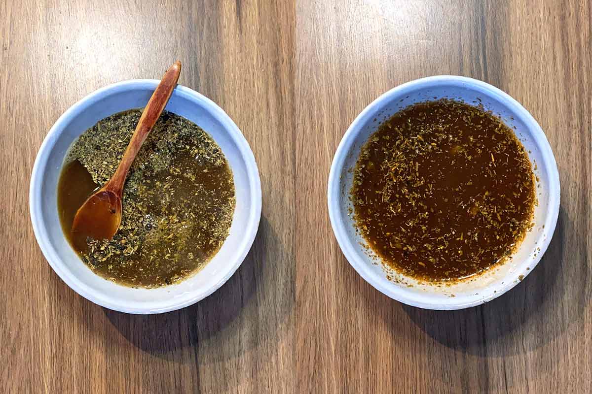 Two shot collage of barbacoa marinade in a bowl, before and after mixing.