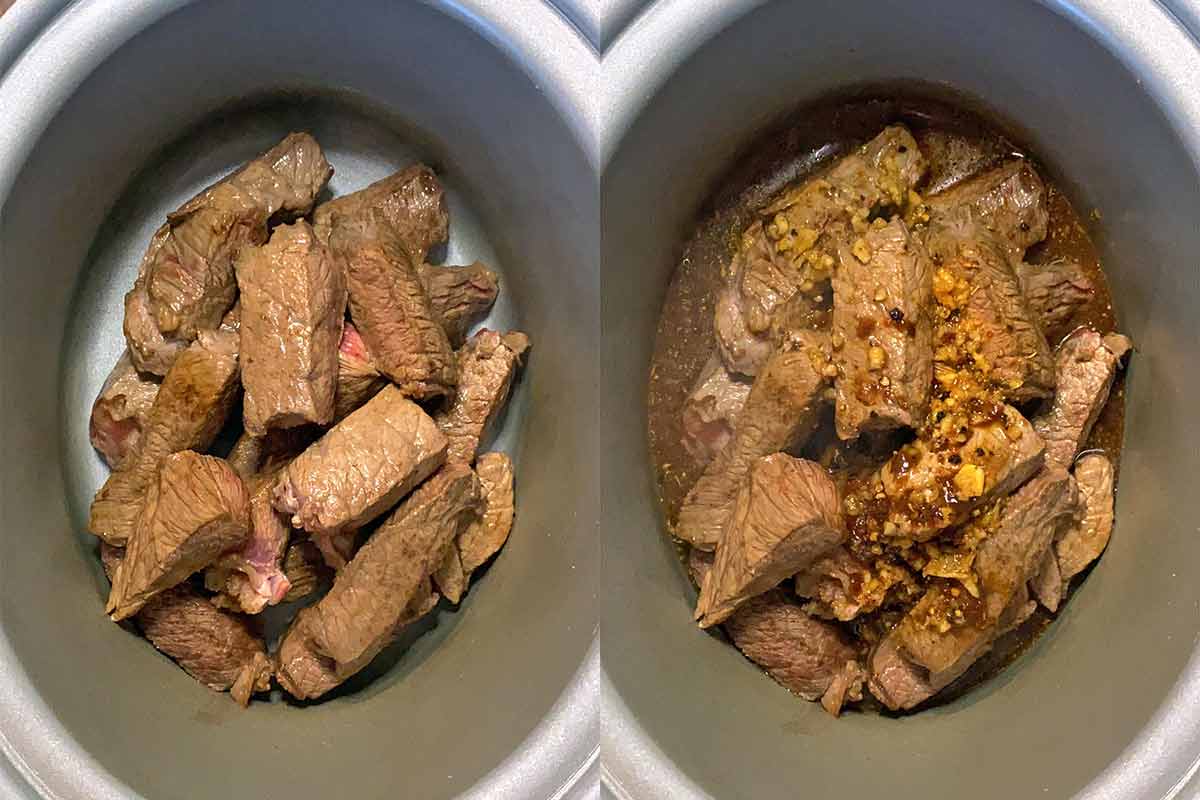 Two shot collage of browned beef in a slow cooker bowl, then with barbacoa marinade poured over.