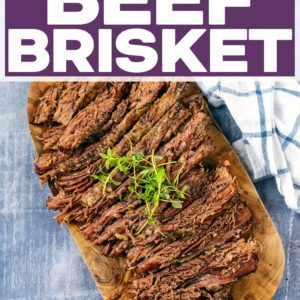 Slow cooker beef brisket with a text title overlay.