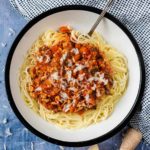 Turkey bolognese on top of spaghetti.