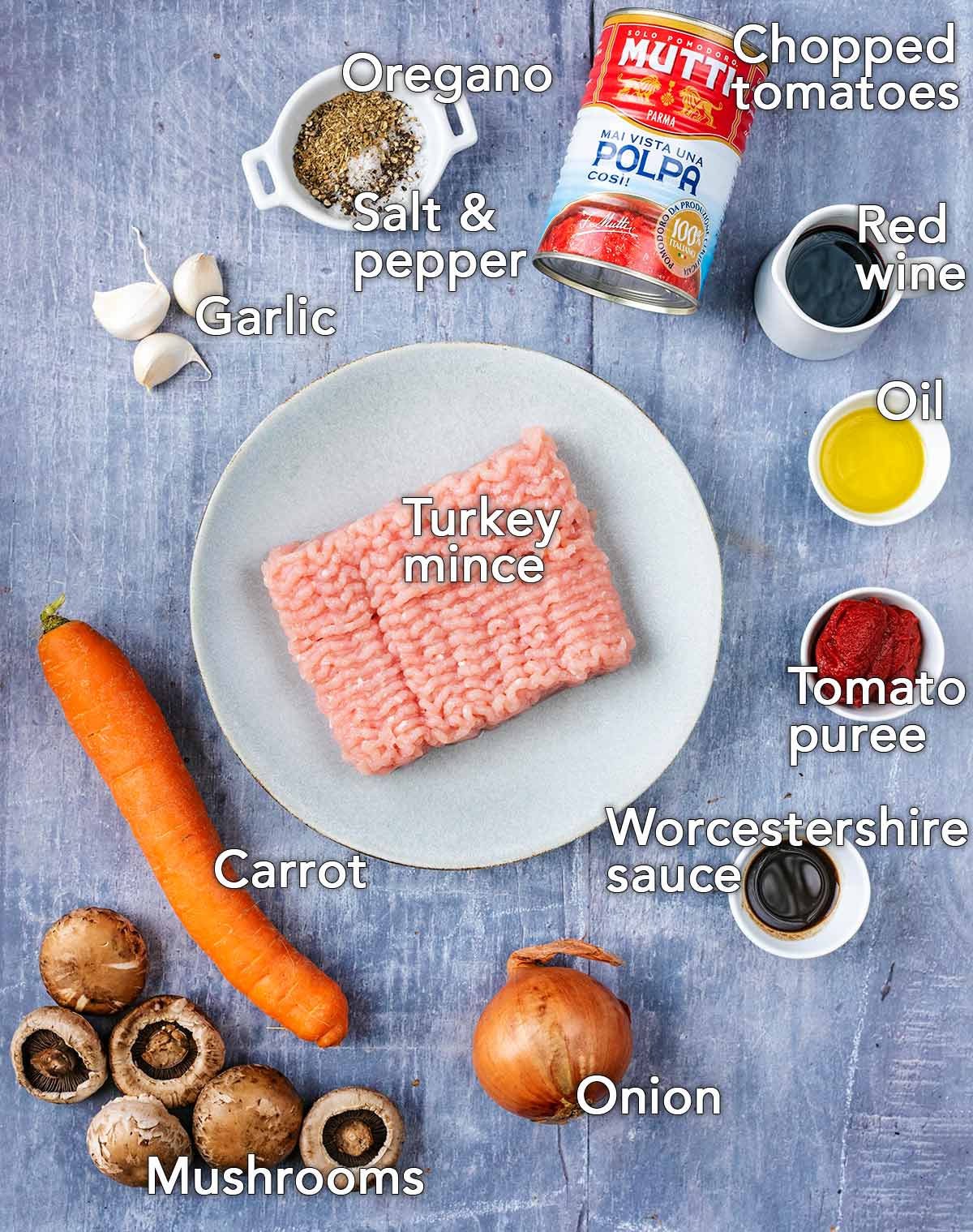 All the ingredients needed for this recipe with text overlay labels.