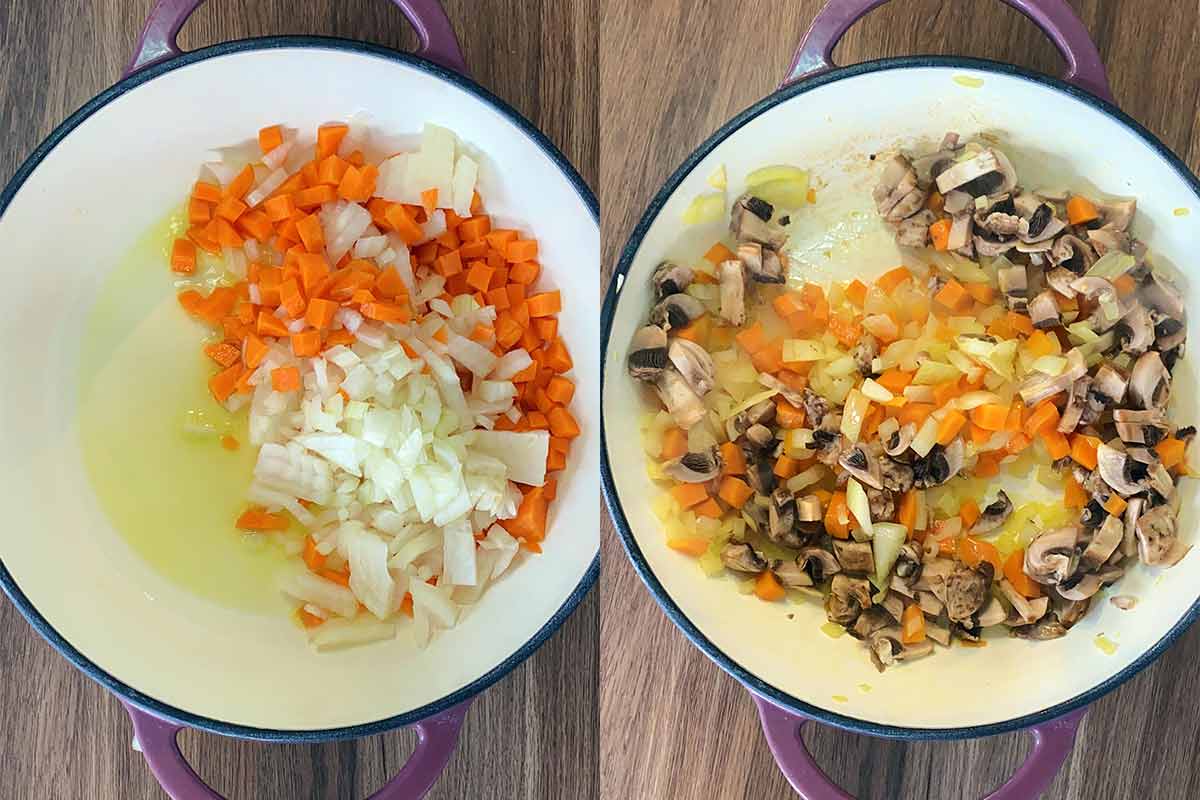 Two shot collage of chopped carrots and onions cooking in a pan then chopped mushrooms added.