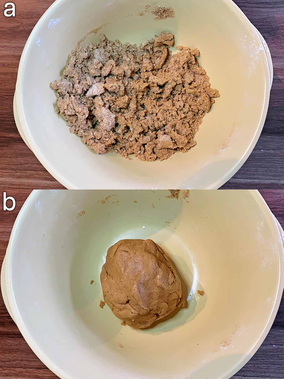 Two shot collage of dough forming in a bowl then as a large ball.