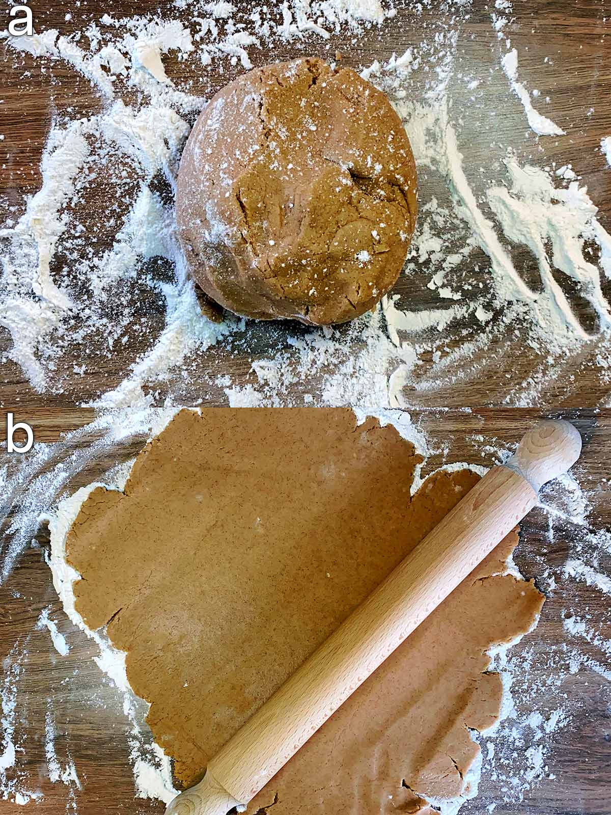 Two shot collage of the dough ball on a floured surface then rolled out flat.