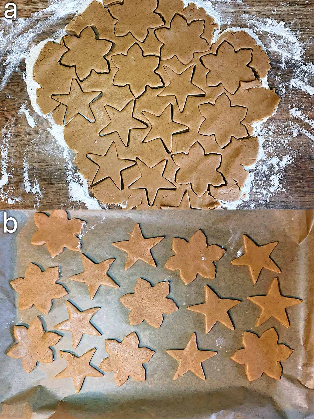 Two shot collage of star shapes cut into the dough then the shapes on a baking tray.