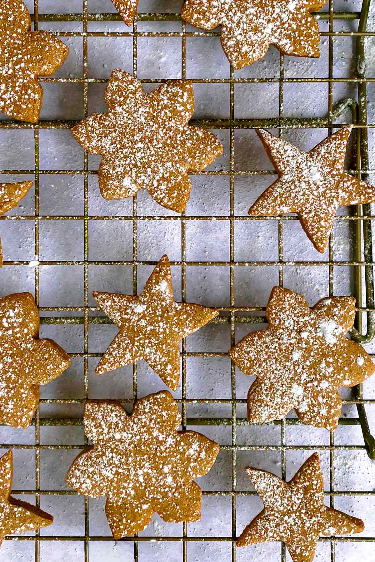 Star shaped biscuits on a cooling rack.