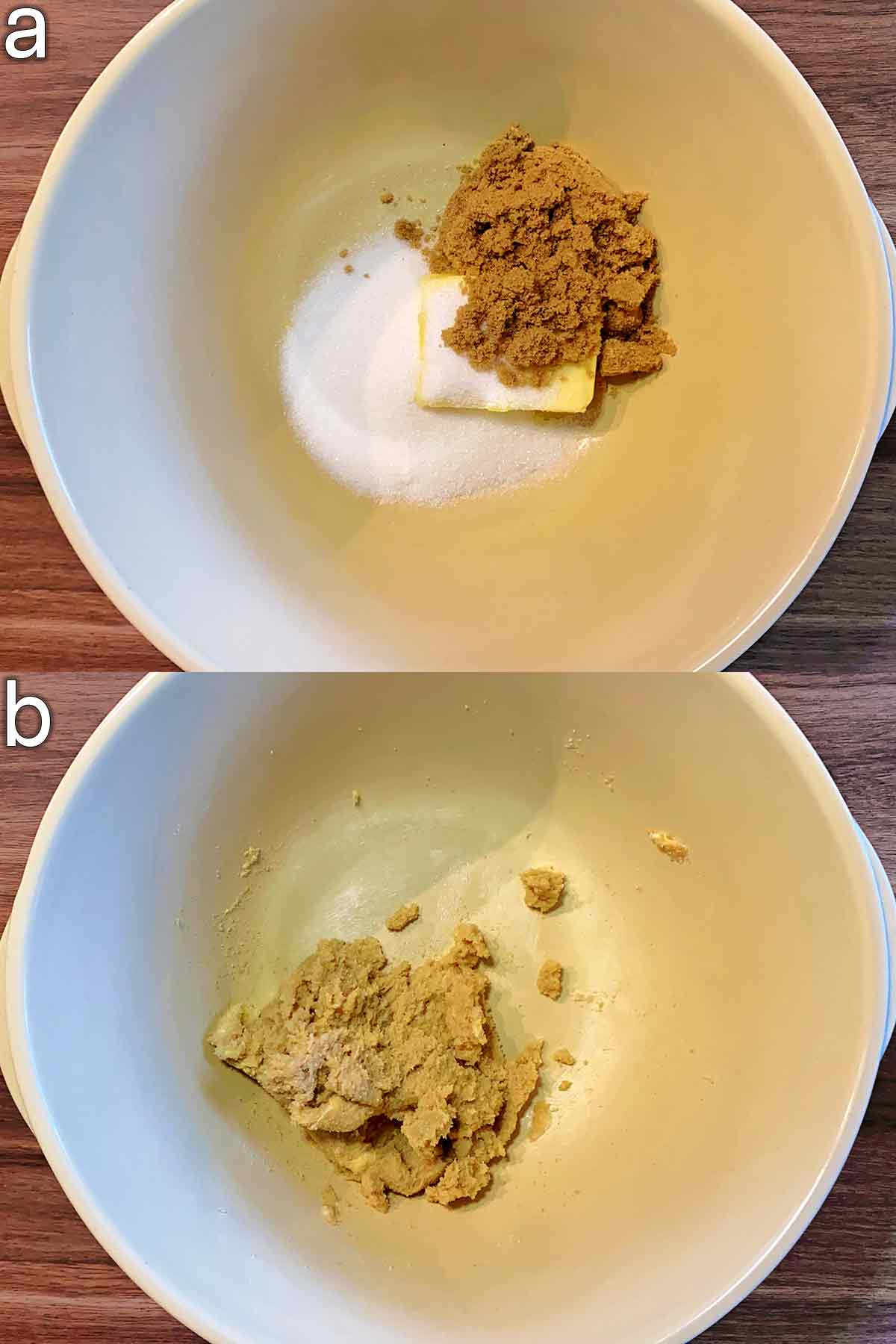 Two shot collage of butter, white sugar and brown sugar in a mixing bowl, before and after mixing.