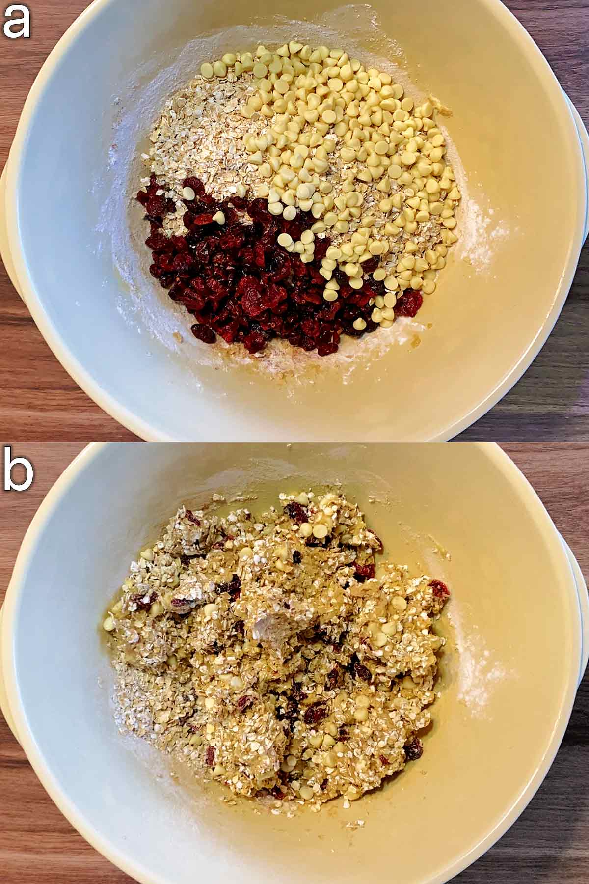 Oats, cranberries and white chocolate chips added to the bowl and mixed in.