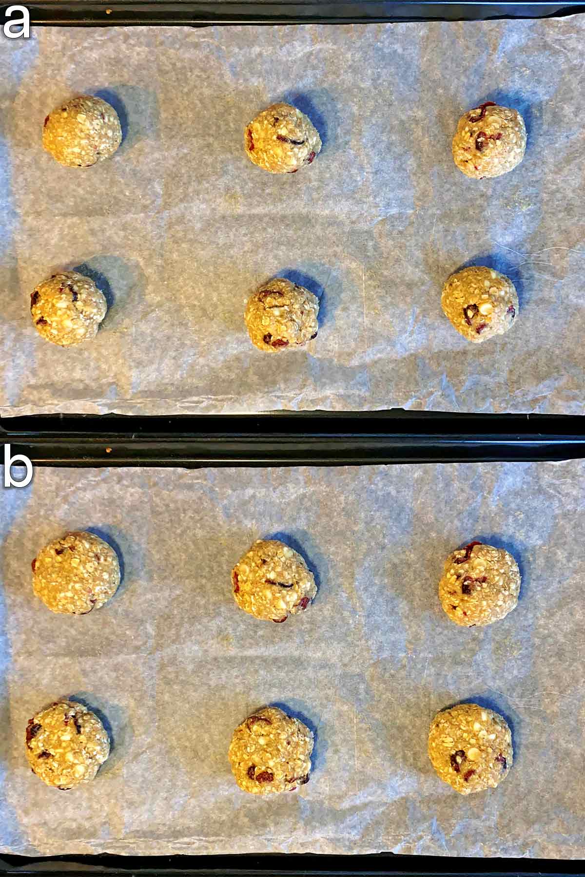 Balls of cookie dough on a baking tray and then slightly flattened.