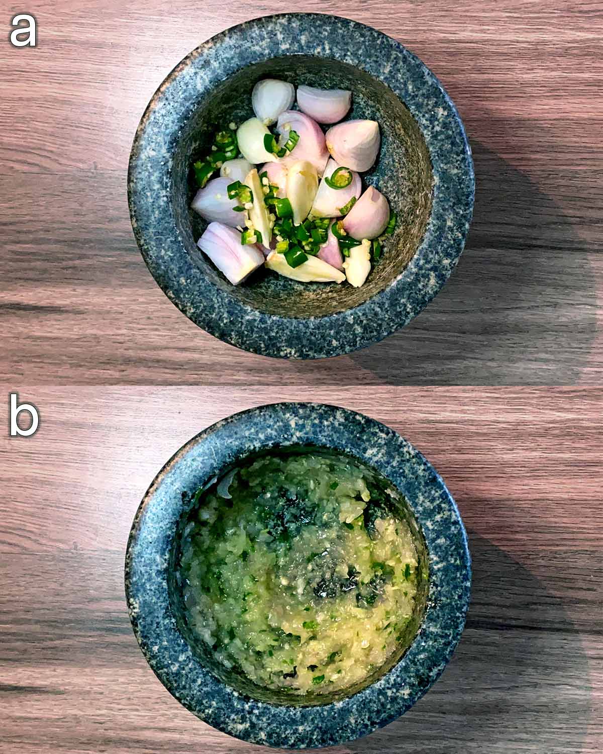 Two shot collage of shallots, garlic cloves and sliced chillies in a mortar.