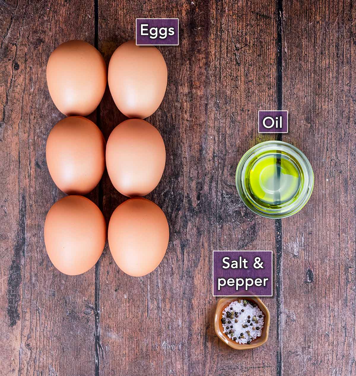 Six eggs, some oil and salt on a wooden surface, all with text overlay labels.