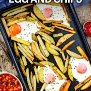 Oven egg and chips with a text overlay title.