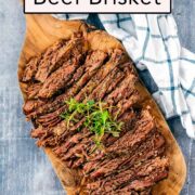 Slow cooker beef brisket with a text overlay title.