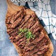 Slow cooker beef brisket with a text overlay title.