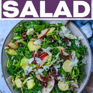 Kale and Brussels Sprouts Salad with a text title overlay.