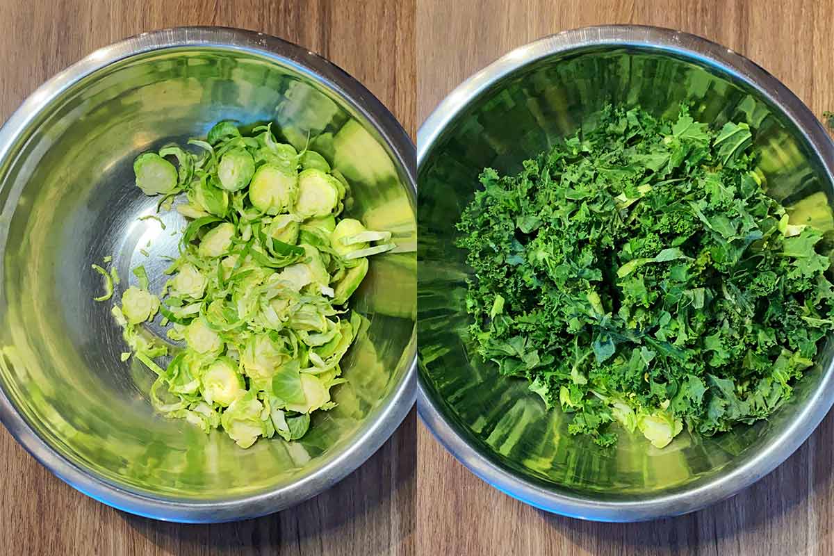 Two shot collage of a mixing bowl, first with sliced brussels sprouts then with kale added.