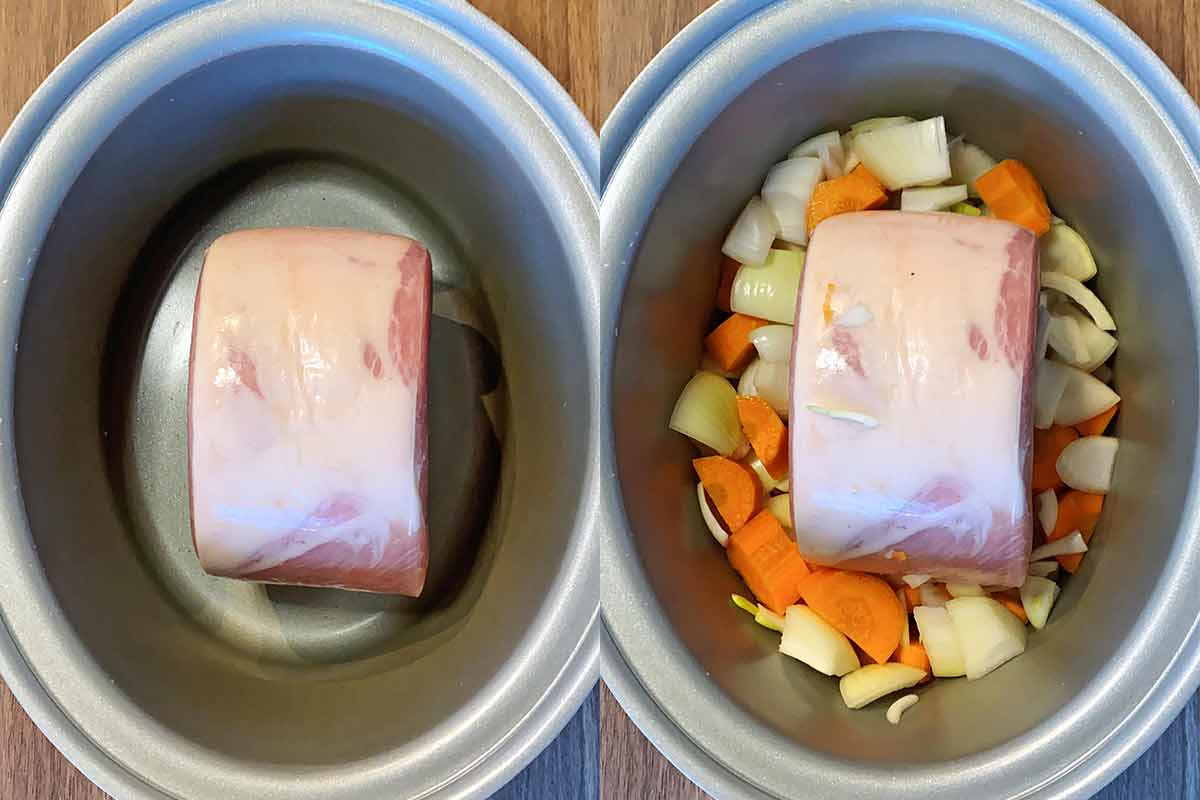 Two shot collage of a gammon joint in a slow cooker, then with carrots and onions added.
