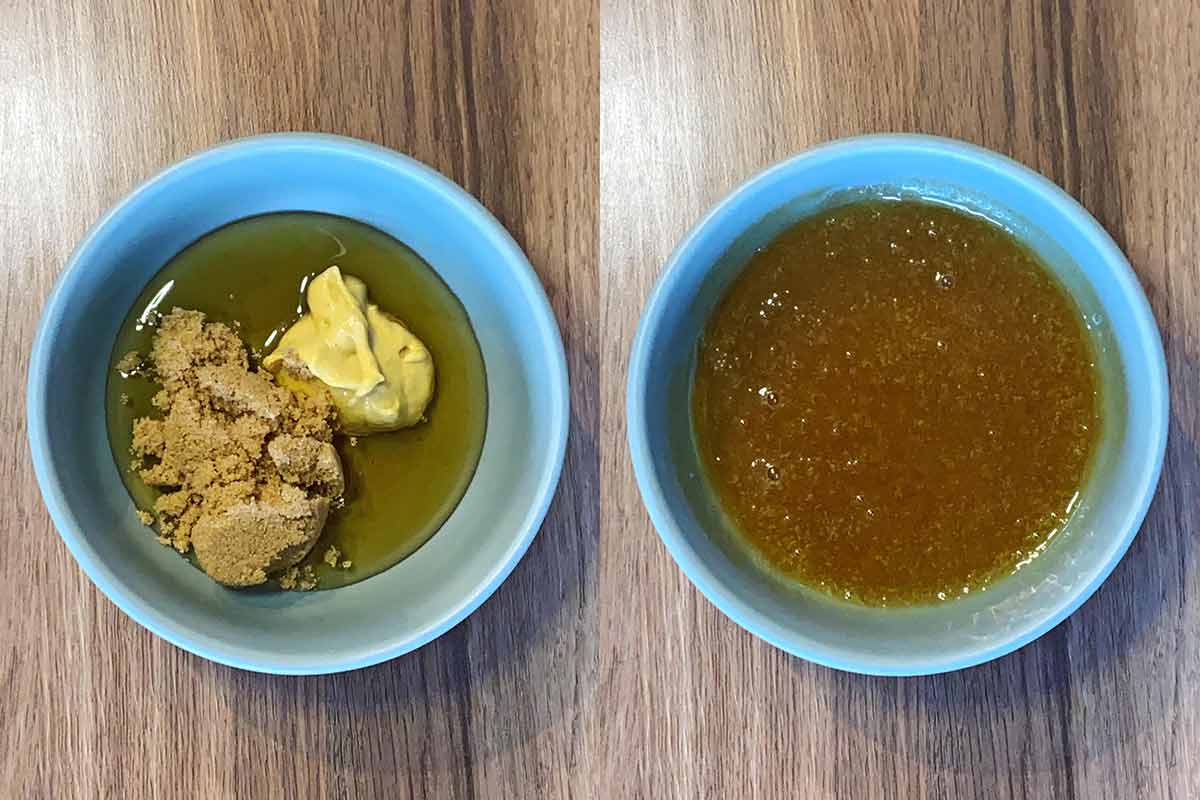 Two shot collage of honey, sugar and mustard in a bowl, before and after mixing.