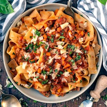 Slow cooker lamb ragu in a round bowl.