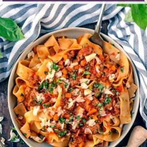 Slow cooker lamb ragu with a text title overlay.