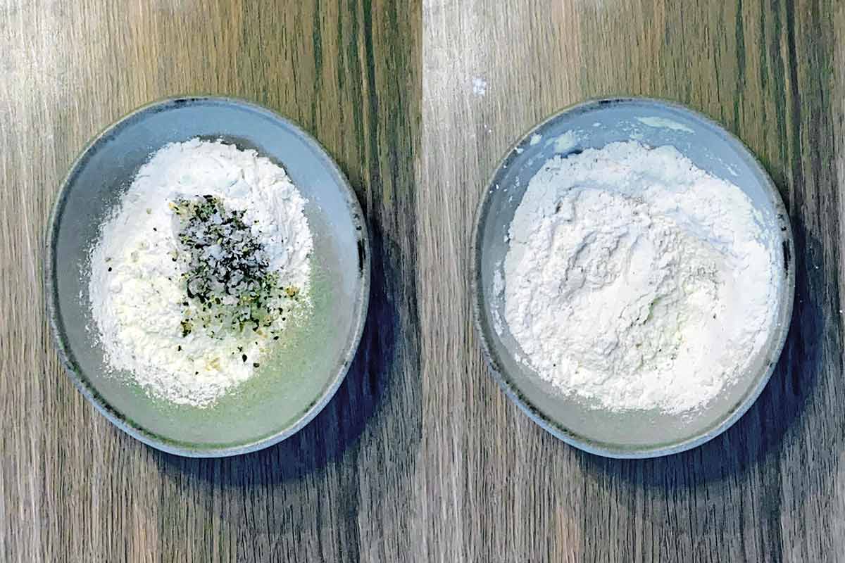 Two shot collage of flour, salt and pepper in a bowl, before and after mixing.