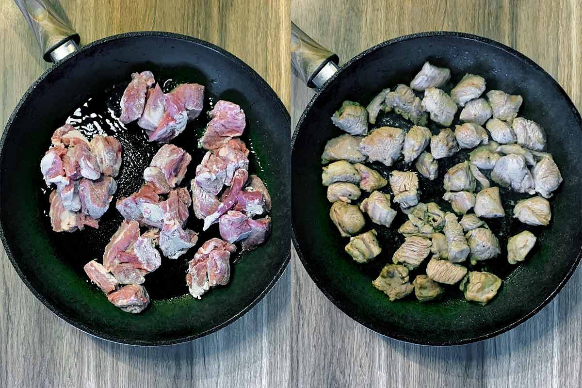 Two shot collage of a frying pan with the coated lamb in it, before and after browning.