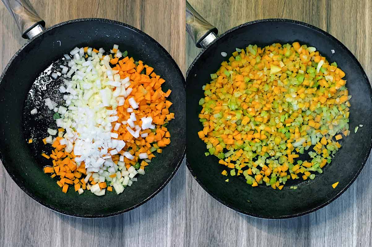 Two shot collage of diced carrot, celery and onion in a frying pan, before and after cooking.