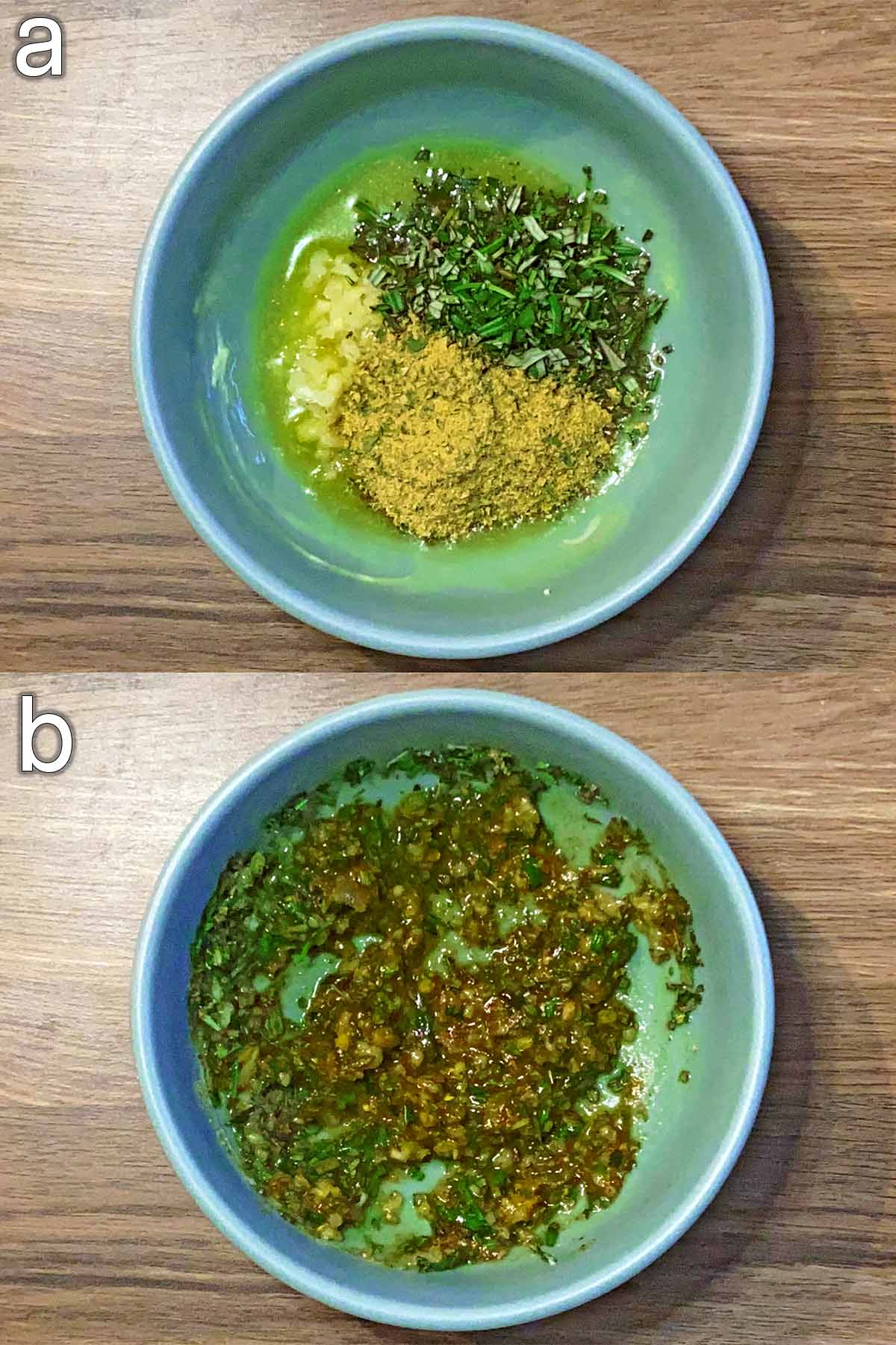 Two shot collage of melted butter, chopped rosemary and seasoning in a bowl, before and after mixing.